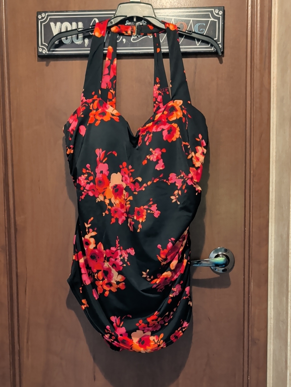 Floral Halter One-Piece Swimsuit - Black with Pink & Orange Flowers